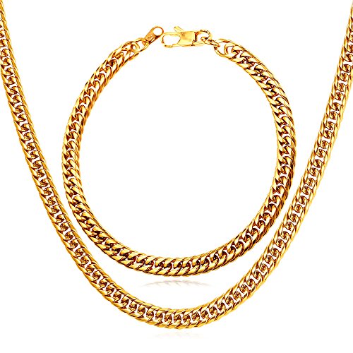 【中古】【未使用・未開封品】U7 ユニセックス フランコカーブチェーン 幅6mmまたは9mm ブラック/18Kゴールドメッキ/ステンレススチールジュエリーチェー...