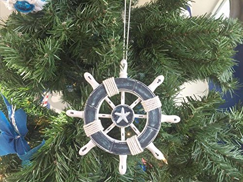 【中古】【未使用・未開封品】Rustic Dark Blue and White Decorative Ship Wheel With Starfish Chris..