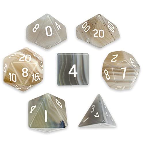 š̤ۡѡ̤ʡ(Gray Agate) - Set of 7 Handmade Stone 16mm Polyhedral Dice with Velvet Pouch by Wiz Dice - Choose From 12 Different Stones