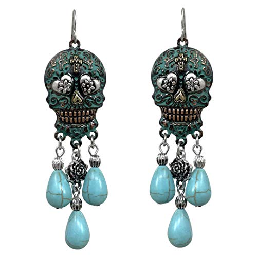 【中古】【未使用・未開封品】Turquoise Stone Dangling Sugar Skull Fish Hook Earrings
