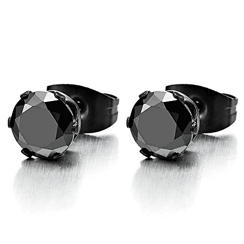 【中古】【未使用・未開封品】(Stone Size: 8MM) - 3-8MM Black Cubic Zirconia Mens Ladies Black Stud Earrings Stainless Steel, 1 Pair