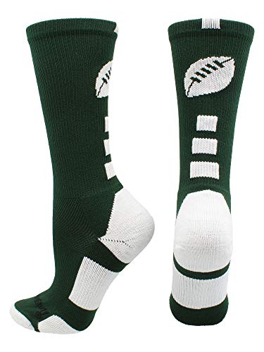 (Large, Dark Green/White) - MadSportsStuff Football Logo Athletic Crew Socks (Multiple Colours)