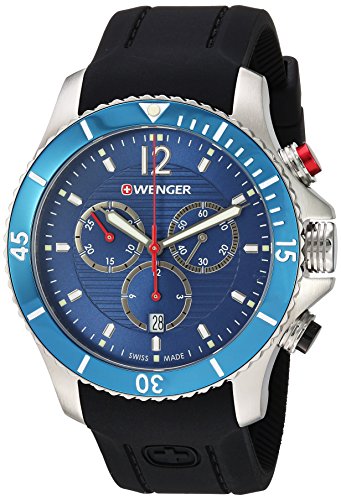 【中古】【未使用・未開封品】Wengerメンズ0641.102?Sea Force 3h Analog Display Swiss Quartz Black Watch Chrono, Blue Dial, Black Silicone Strap