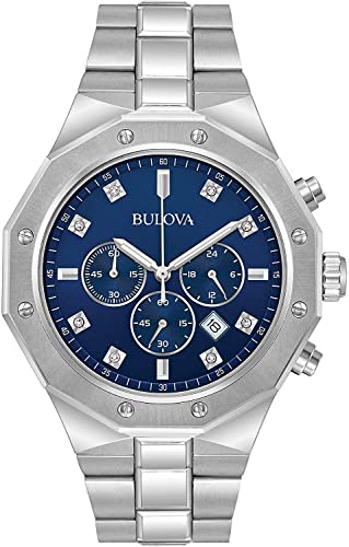 【中古】【未使用・未開封品】Bulova メンズクラシックステンレススチール 6針クロノグラフクォーツウォッチ ブルーダイヤモンドダイヤル スタイル:96D138, シルバートーン,