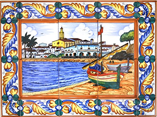 【中古】【未使用・未開封品】手塗りセラミックMural Marina/ボート/ビーチwith Edge Border。23.62?" X 17.72。」