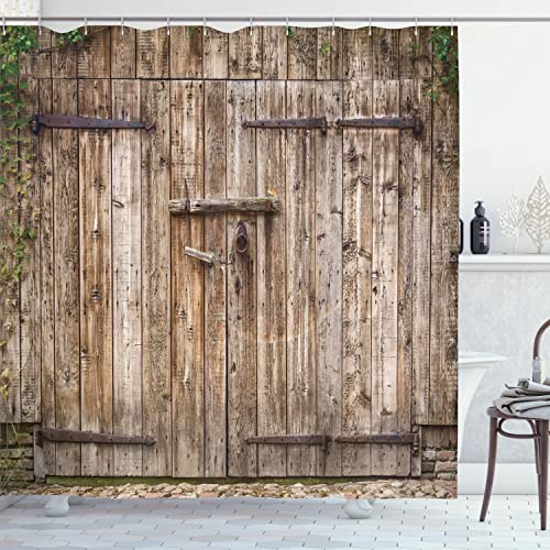 【中古】【未使用・未開封品】(180cm W By 190cm L, Multi 3) - Rustic Shower Curtain by Ambesonne, Old Oak Closed Garage Door with Steel Hinges Vintage Typical Cottag