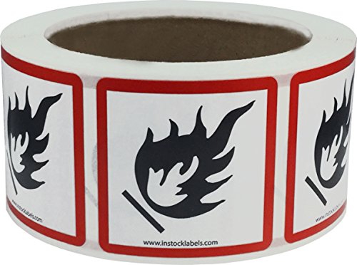 GHS Pictogram Labels Flame 2 x 2インチ 正方形 粘着ステッカー 500枚