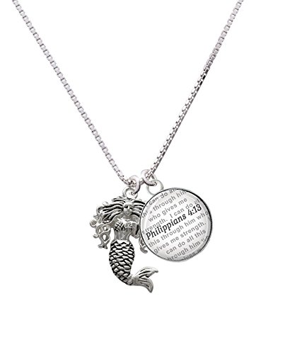 【中古】【未使用・未開封品】Silvertoneマーメイド???Bible verse Philippians 4?: 13ガラスドームNecklace, 18?