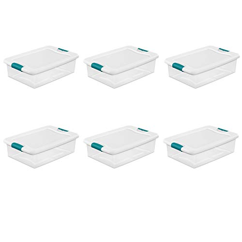 14968006 32 quart/30 L Latching Box with Clear Base, White Lid and Colored Latches, 6-Pack