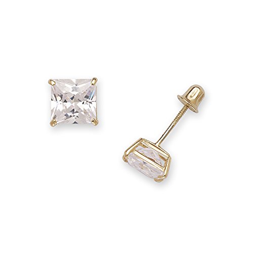 【中古】【未使用・未開封品】14K イエローゴールド ソリティア プリンセス スクエア キュービックジルコニア キュービックジルコニア スタッド スクリューバックイヤリング (
