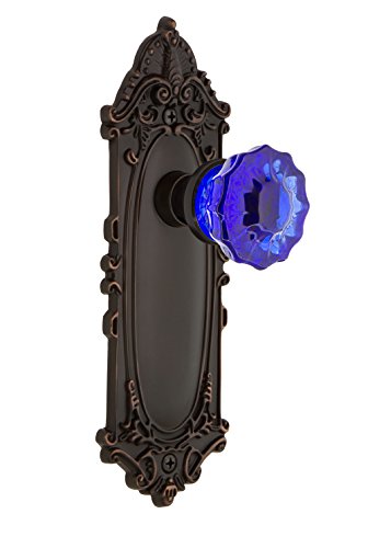 【中古】【未使用・未開封品】Nostalgic Warehouse 725188 Victorian Plate Privacy Crystal Cobalt Glass Door Knob in Timeless Bronze, 2.75