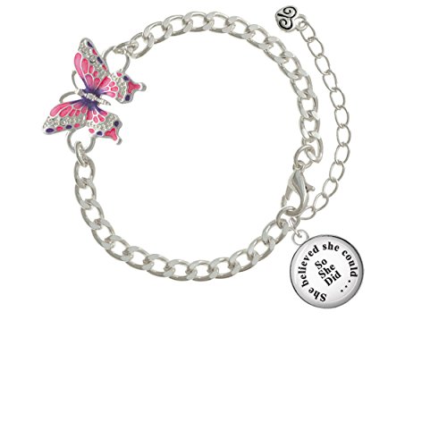 【中古】【未使用・未開封品】ドーム型「She Believed She Could So She Did」ピンクバタフライリンクチャームブレスレット(4.0)