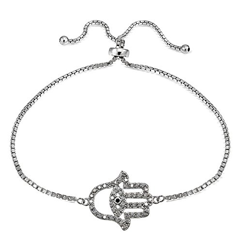 【中古】【未使用・未開封品】スターリングシルバーブラックキュービックジルコニアHamsa Evil Eye Adjustableスライダブレスレット