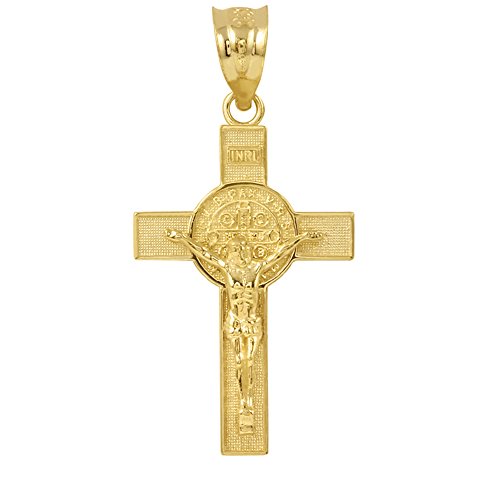 Boulder - 【中古】【未使用・未開封品】Saint Collection ソリッド14Kイエローゴールド 聖ベネディクト十字架チャームペンダント (1.6インチ)
