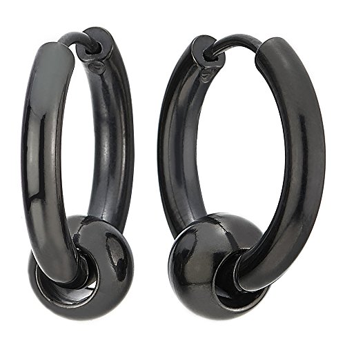【中古】【未使用 未開封品】(Diameter: 14MM) - Stainless Steel Black Circle Beads Huggie Hinged Hoop Earrings for Men Women, 2pcs