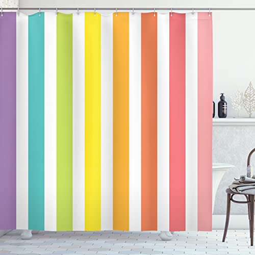 【中古】【未使用・未開封品】(180cm W By 180cm L, Multi 14) - Modern Decor Shower Curtain by Ambesonne, Circus Theme Rainbow Coloured Image Bold Stripes with Blank