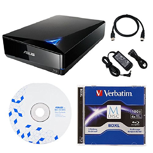 yÁzygpEJizAsus 16x External Blu-ray Drive with BD Suite Disc, USB 3.0 Cable, Power Adapter and Cord (BW-16D1X-U) Bundle with 100GB Verbatim M-DIS