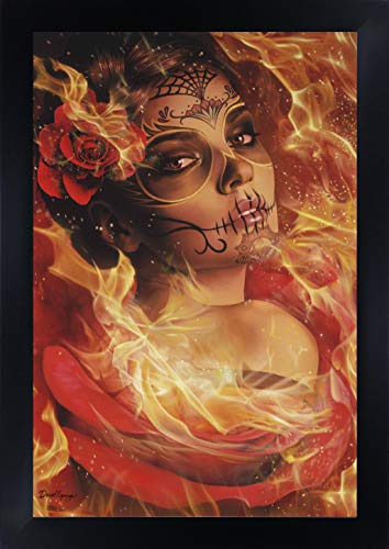 【中古】【未使用・未開封品】Burning Desire by Daniel EsparzaセクシーSugar Skull Woman in Fire Framedアートプリント