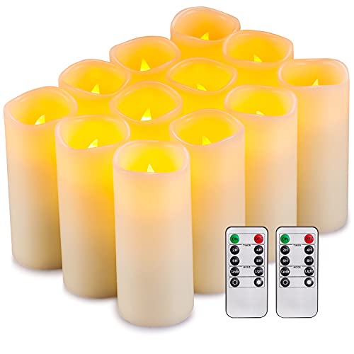 【中古】【未使用 未開封品】Flameless Candles Flickering LED Candles Set of 12 (D:5.6cm X H:13cm ) Ivory Real Wax Pillar Battery Opeated Candles with 10-key Remote