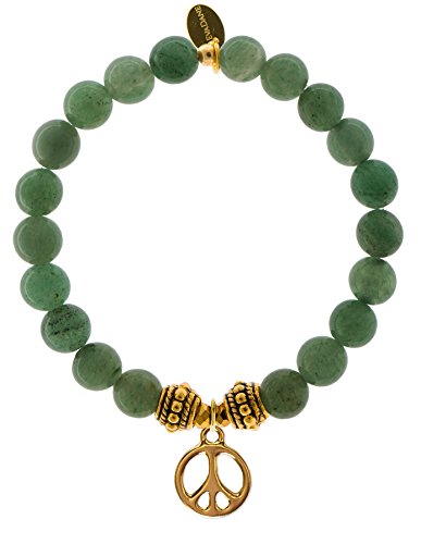 【中古】【未使用・未開封品】EvaDane 天然グリーンアベンチュリンジェムストーン ロープビーズ ピースサインチャーム ストレッチブレスレット