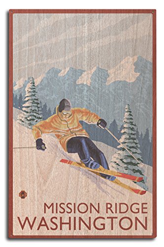 【中古】【未使用・未開封品】Mission Ridge, Washington, Downhill Snow Skier 樺材壁サイン (10x15 素朴なホームデコレーション すぐに掛けられるアート)