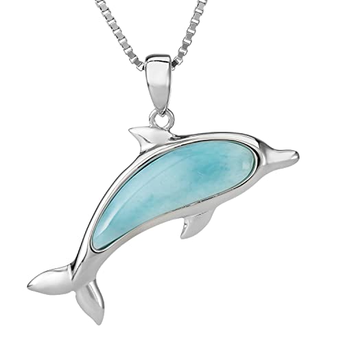 Cubic Zirconia - 【中古】【未使用・未開封品】Aloha Jewelry Company スターリングシルバー 天然ラリマー イルカ ネックレス ペンダント 18インチのボックスチェーン付き, スターリングシルバ