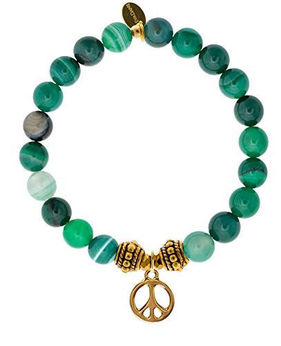 【中古】【未使用・未開封品】EvaDane天然グリーンストライプ翡翠宝石ロープビーズピースサインチャームストレッチブレスレット