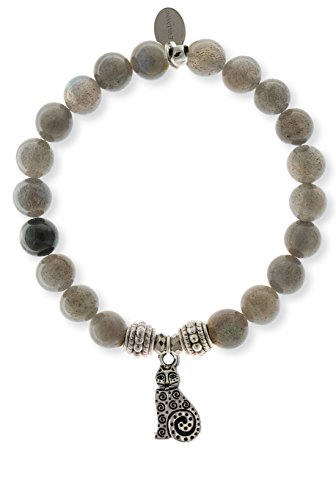 【中古】【未使用・未開封品】EvaDane天然ラブラドライトジェムストーンロープビーズ猫チャームストレッチブレスレット