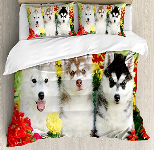 【中古】【未使用・未開封品】Dog Loverインテリア布団カバーセットby Ambesonne、3つSiberian Husky Puppy on Grass Flowers Grass Nature Outdoors Summertime Family Frien