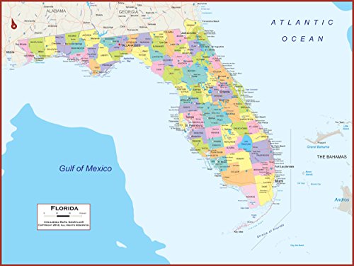 【中古】【未使用・未開封品】フロリダ壁マップポスター 郡付き 54インチ x 41インチ 大型教室スタイルマップ 丈夫なラミネート加工 ウェット/ドライイレースマーカーと安全に