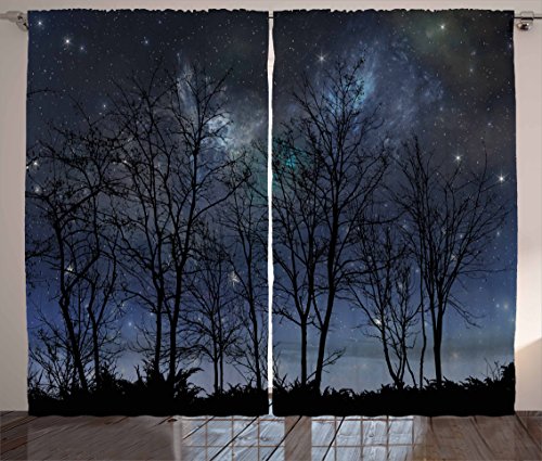 【中古】【未使用・未開封品】Night Skyカーテンby Ambesonne、深いSpookyフォレストBranches Cosmos Galaxy StarsクラスタAstronomyビュー、リビングルームベッドルームウィ