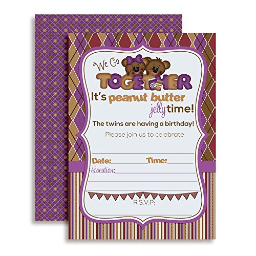 【中古】【未使用・未開封品】Peanut Butter & Jelly Twin Birthday Party Fill in Invitations set of Ten 13cm x 18cm Cards with envelopes by AmandaCreation