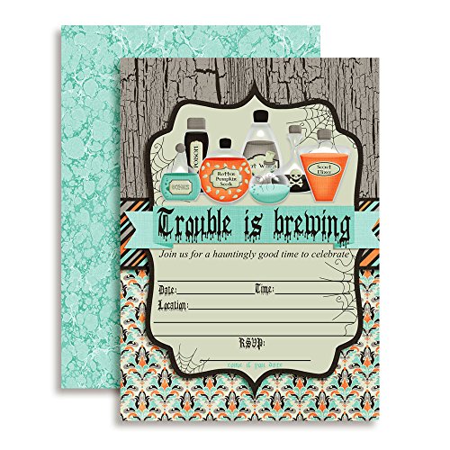 【中古】【未使用・未開封品】Trouble is Brewing Spooky Potions Halloween Party Invitations, Ten 13cm x 18cm Fill In Cards with 10 White Envelopes by AmandaCreation