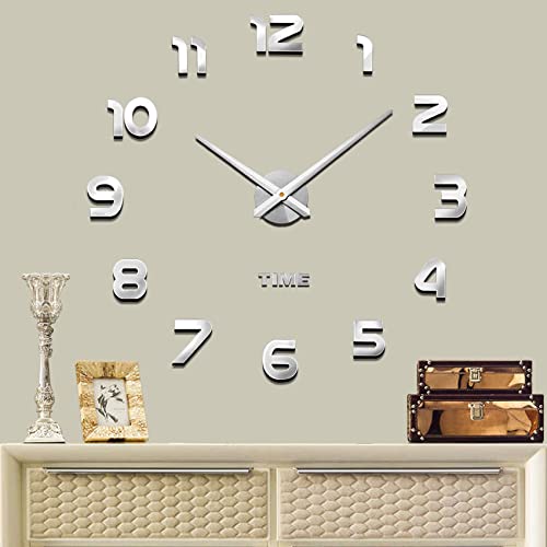 【中古】【未使用 未開封品】(Silver-012) - Frameless Large 3D DIY Wall Clock Mute Mirror Stickers Home Office School Decoration (2-Year Warranty)