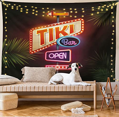 【中古】【未使用・未開封品】Tiki Bar Decorタペストリーby Ambesonne、Old Fashioned Neon Signs Illustration Open Bar Palm Tree Branches Roadside、壁吊り下げ寝室リビ