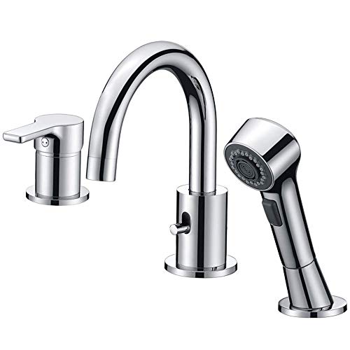 Bathroom Faucet 3 Hole Chrome Crea Widespread Bathtub Vanity Lavatory Faucet with Pull Out Shower Head 141［並行輸入］