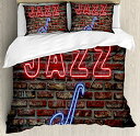 【中古】【未使用・未開封品】ジャズ音楽インテリア布団カバーセットby Ambesonne、イメージのネオンすべてJazz Sign withサックスonレンガ壁...