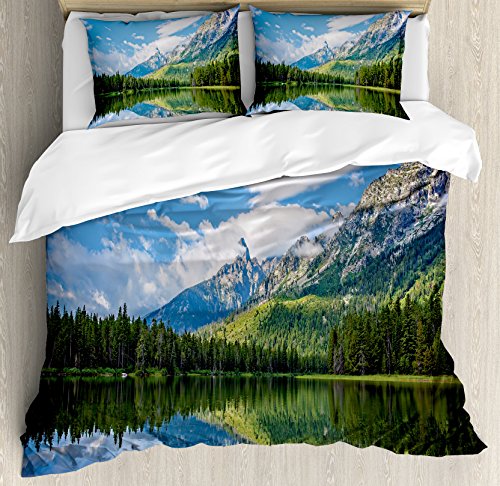 【中古】【未使用・未開封品】湖の家インテリア布団カバーセットby Ambesonne、Pure Mountain Lake Scenery with Trees and Cloudy Sky Nature Look印刷、装飾寝具セット枕、