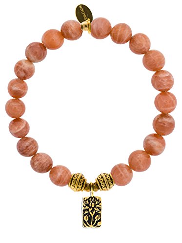 【中古】【未使用・未開封品】EvaDane天然チベットビーズレッドムーンストーンジェムストーンLotusチャームストレッチブレスレット