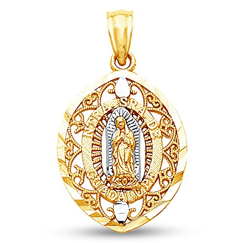 14?K 3?3色ゴールドミルグレインOrnate Religious Our Lady of Guadalupeバージンメアリーペンダントチャーム(18?x 14?mm