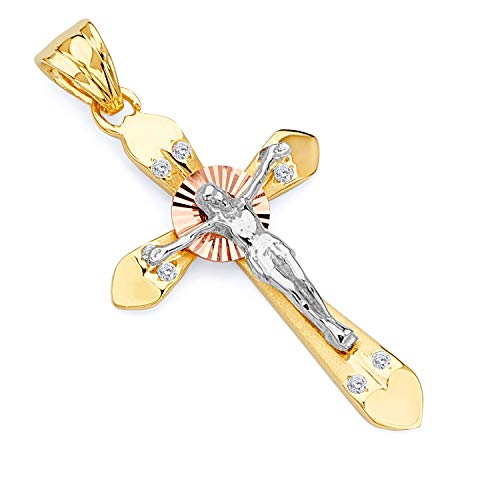 Wellingsale 14?K 3?3色ゴールド光沢仕上げダイヤモンドカットReligiousカトリック十字架ペンダントとハートとCZアクセント