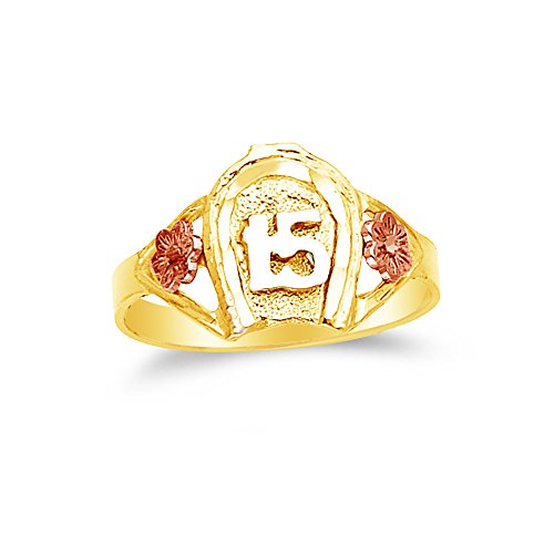 【中古】【未使用・未開封品】14?Kローズイエロー&ホワイトゴールド15年誕生日Horse Shoeリング