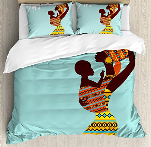 【中古】【未使用・未開封品】Afroインテリア布団カバーセットby Ambesonne、African Mother with her baby inエスニック服レトロスタイルファッションイメージ、装飾寝具セッ
