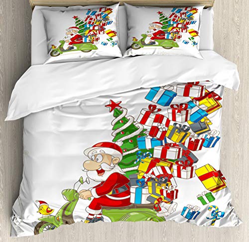 【中古】【未使用・未開封品】クリスマス布団カバーセットby Ambesonne、子供サンタonバイクスクーターwithツリーとギフト面白い漫画の鳥、装飾寝具セットwithピロー、ホワイトグリーンレッド キング nev_24132_king【...