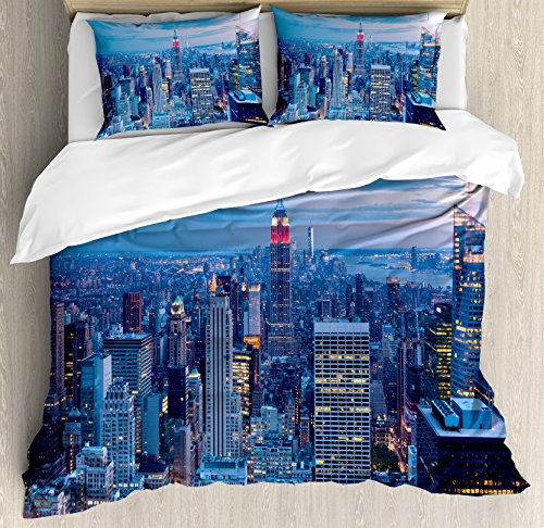 【中古】【未使用・未開封品】新しいYork布団カバーセットby Ambesonne、Aerial Night View Of Nyc With Dusk Sky Cloudy Sunset In CityファッションCapitalアート写真、装飾