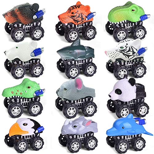 12 Pack Large Monster Pull Back Cars, Animal Pull Back And Go Vehicles Toy Playset For Kids & Toddlers