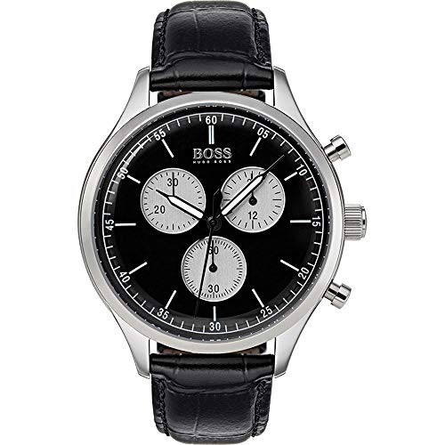 【中古】【未使用・未開封品】Hugo Boss Men's Companion 42mm Black Leather Band Steel Case Quartz Chronograph Watch 1513543