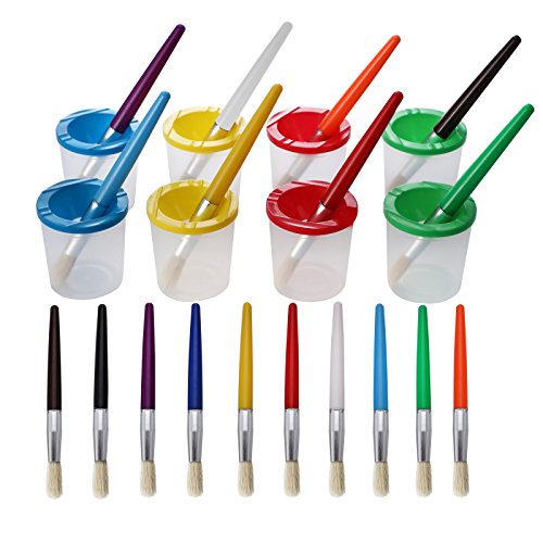 【中古】【未使用 未開封品】Maosifang 10 Pieces Assorted Coloured Paint Brushes Set in 10 Colours and 8 Pieces Spill Proof Paint Cups