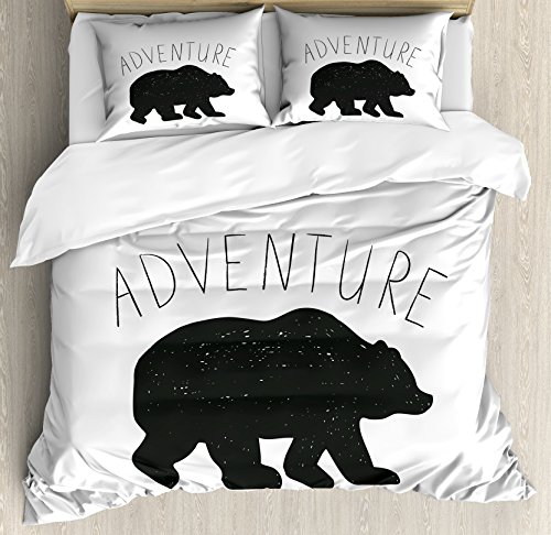【中古】【未使用・未開封品】Adventure布団カバーセットby Ambesonne、ブラックシルエットのA Wild Bear Zoo Animal Nature Love Passionヒップスターデザイン、装飾寝具セッ