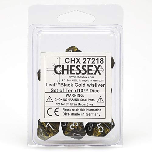 Chessex Manufacturing 27218 D10 Clamshell Set Of 10 Dice - Leaf Black & Gold With Silver Numbering